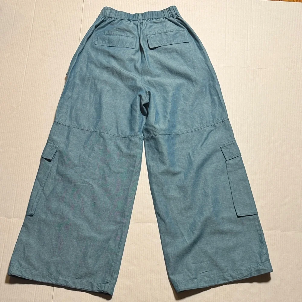 MOUSSY Out Pocket Bag Blue Cargo Pants Cotton Linen Elastic‎ Waist Stacking SZ 1 - Picture 14 of 16